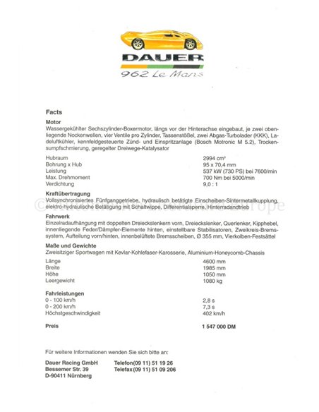 1993 DAUER 962 LEMANS BROCHURE GERMAN