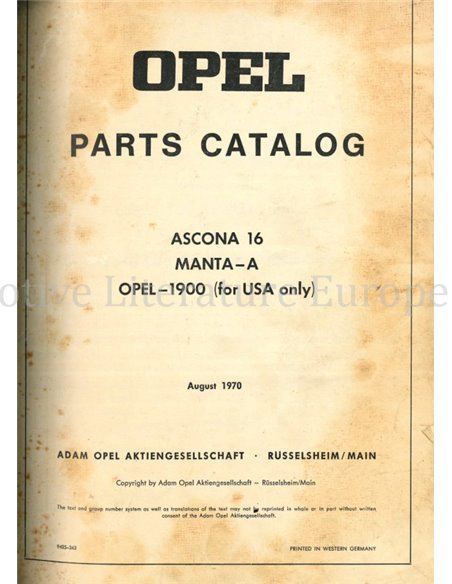 1970 OPEL ASCONA 16 | MANTA A | 1900 ONDERDELENHANDBOEK ENGELS