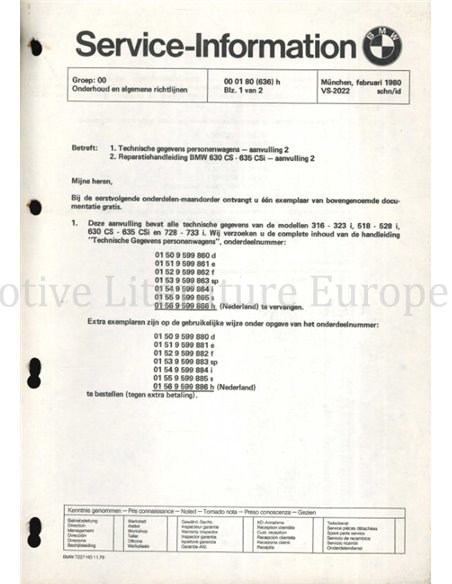 1980 BMW 3 SERIES | 5 SERIES | 6 SERIES | 7 SERIES SERVICE INFORMATION DUTCH