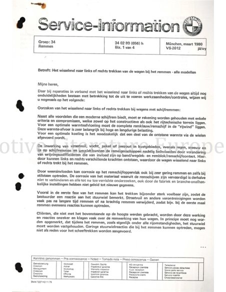1980 BMW 3 SERIE | 5 SERIE | 6 SERIE | 7 SERIE SERVICE INFORMATIE NEDERLANDS