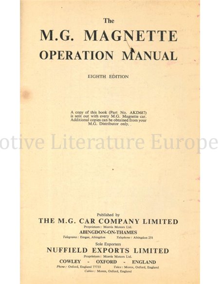 1957 MG MAGNETTE OWNERS MANUAL ENGLISH 