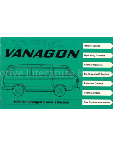 1980 VOLKSWAGEN TRANSPOTER OWNERS MANUAL ENGLISH (CAN)