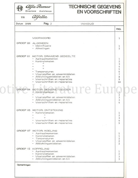1976 ALFA ROMEO ALFETTA 1.6 TECHNISCHE GEGEVENS EN VOORSCHRIFTEN NEDERLANDS