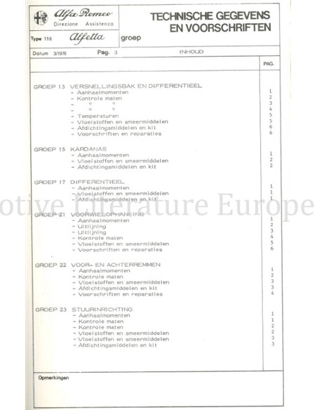 1976 ALFA ROMEO ALFETTA 1.6 TECHNISCHE DATEN UND VORSCHRIFTEN NIEDERLÄNDISCH