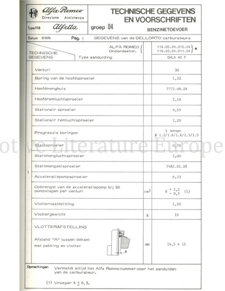 1976 ALFA ROMEO ALFETTA 1.6 TECHNISCHE GEGEVENS EN VOORSCHRIFTEN NEDERLANDS