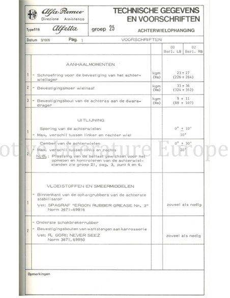 1976 ALFA ROMEO ALFETTA 1.6 TECHNISCHE GEGEVENS EN VOORSCHRIFTEN NEDERLANDS