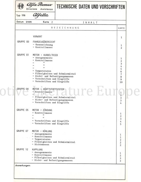 1976 ALFA ROMEO ALFETTA 1.6 TECHNISCHE DATEN UND VORSCHRIFTEN DEUTSCH