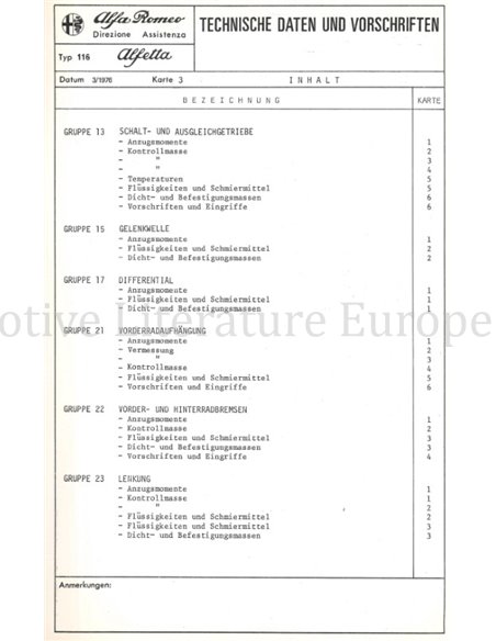 1976 ALFA ROMEO ALFETTA 1.6 TECHNISCHE DATEN UND VORSCHRIFTEN DEUTSCH