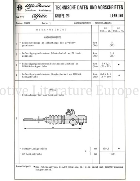 1976 ALFA ROMEO ALFETTA 1.6 TECHNISCHE DATEN UND VORSCHRIFTEN DEUTSCH