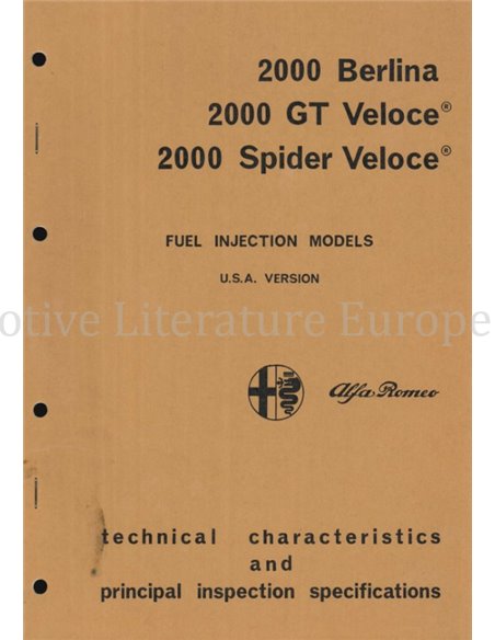 1974 ALFA ROMEO 2000 BERLINA | GT VELOCE | SPIDER VELOCE TECHNISCHE DATEN UND VORSCHRIFTEN ENGLISCH