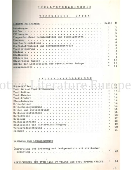 1968 ALFA ROMEO 1750 BERLINA | GT VELOCE | SPIDER VELOCE TECHNISCHE GEGEVENS EN VOORSCHRIFTEN DUITS