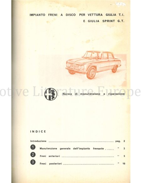 1963 ALFA ROMEO GIULIA TI | SPRINT G.T. WARTUNGS- UND REPARATURVORSCHRIFTEN SCHEIBENBREMSSYTEM ITALIËNISCH
