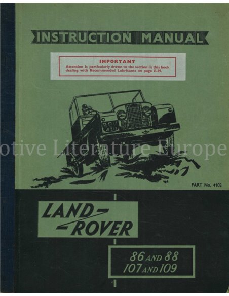 1958 LAND ROVER 86 | 88 | 107 | 109 BETRIEBSANLEITUNG ENGLISCH
