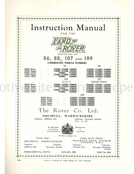 1958 LAND ROVER 86 | 88 | 107 | 109 OWNERS MANUAL ENGLISH