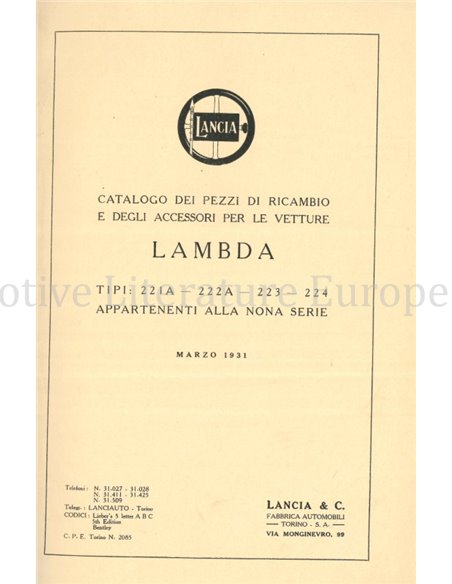1931 LANCIA LAMBDA (SERIES IX) SPARE PART CATALOG ITALIAN