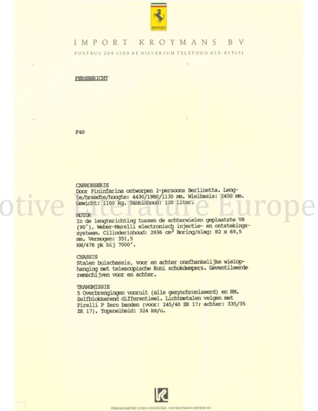 1988 FERRARI KROYMANS PRESSEMAPPE NIEDERLÄNDISCH