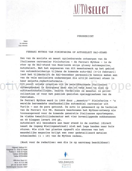1990 FERRARI KROYMANS AUTO RAI PRESSEMAPPE NIEDERLÄNDISCH