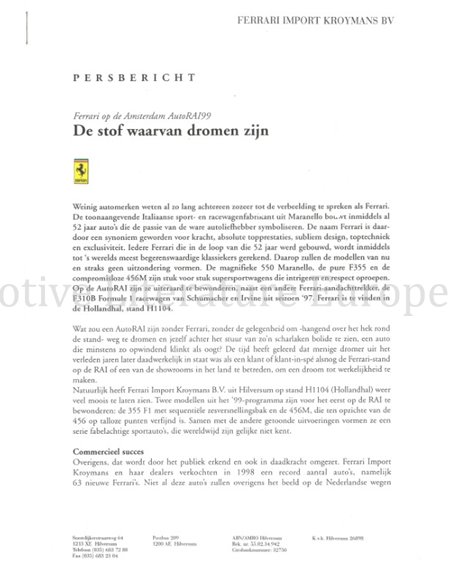 1999 FERRARI KROYMANS AUTO RAI PRESSEMAPPE NIEDERLÄNDISCH