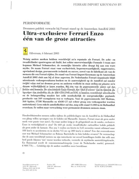 2003 FERRARI KROYMANS AUTO RAI PRESSEMAPPE NIEDERLÄNDISCH