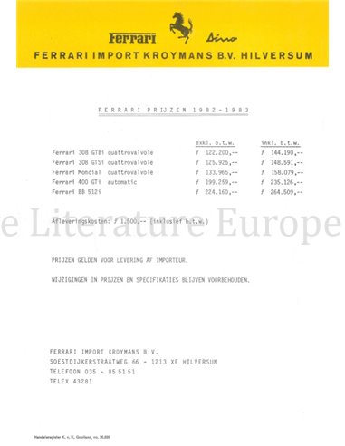1982-1983 FERRARI PRIJSLIJST KROYMANS NEDERLANDS