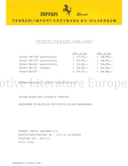 1982-1983 FERRARI PRICELIST KROYMANS DUTCH