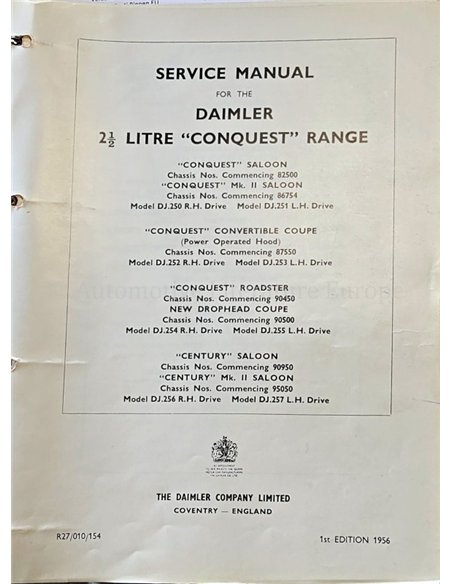 1956 DAIMLER 2½ LITRE WERKPLAATSHANDBOEK ENGELS