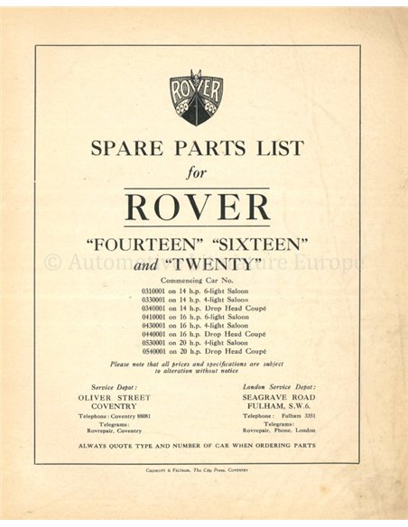 1940 ROVER FOURTEEN | SIXTEEN | TWENTY ONDERDELEN CATALOGUS 