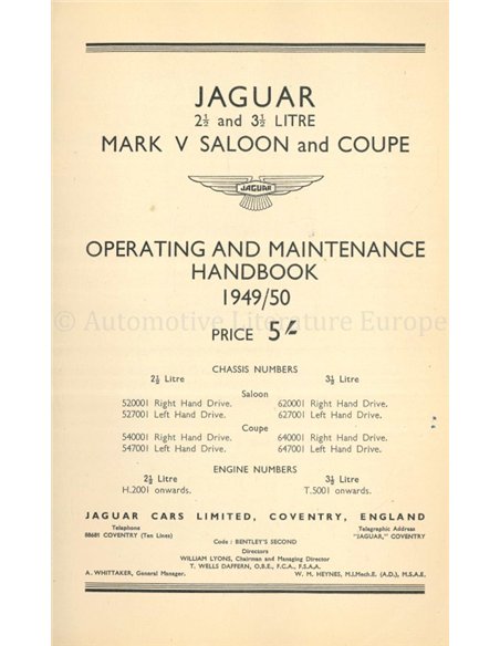 1949-1950 JAGUAR MK V 2.5 | 3.5 BETRIEBSANLEITUNG ENGLISCH