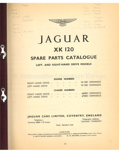 1950 JAGUAR XK 120 SPARE PARTS CATLOGUE ENGLISH