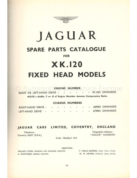 1953 JAGUAR XK 120 SPARE PARTS CATLOGUE ENGLISH