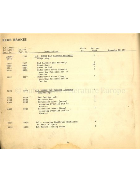 1957 JAGUAR 2.4 | 3.4 | XK 150 SCHIJFREMMEN ONDERDELEN CATALOGUS ENGELS