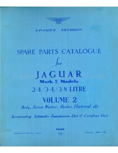 1961 JAGUAR MK2 MODELLE 2.4 | 3.4 | 3.8 ERSATZTEILKATALOG ENGLISCH