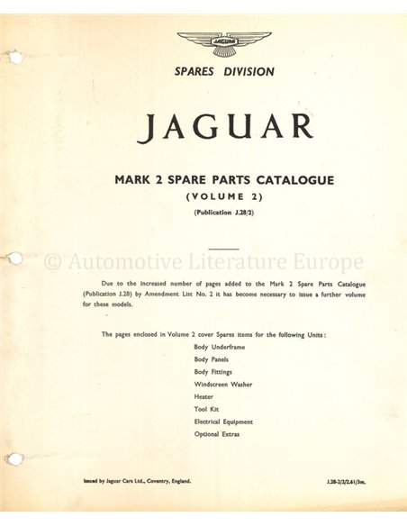 1961 JAGUAR MK2 MODELLE 2.4 | 3.4 | 3.8 ERSATZTEILKATALOG ENGLISCH