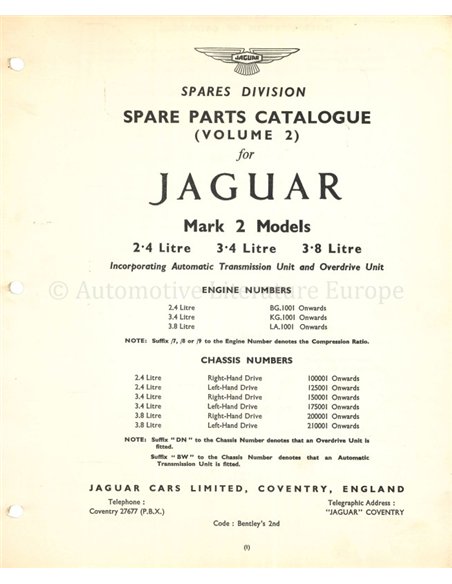 1961 JAGUAR MK2 MODELLEN 2.4 | 3.4 | 3.8 ONDERDELEN CATALOGUS ENGELS