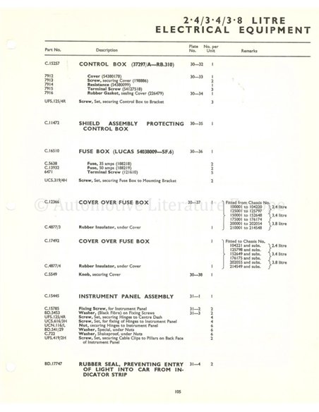 1961 JAGUAR MK2 MODELS 2.4 | 3.4 | 3.8 SPARE PARTS CATLOGUE ENGLISH