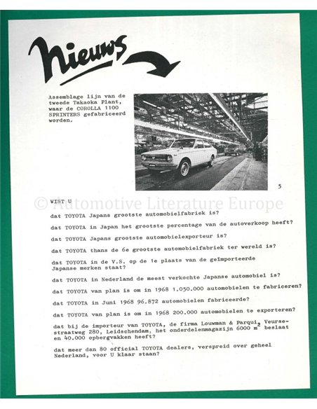 1968 TOYOTA COROLLA 1100 SPRINTER PRESSEMAPPE NIEDERLÄNDISCH