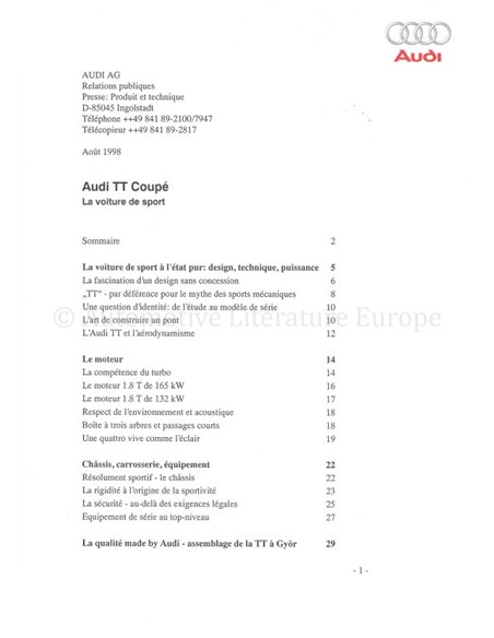 1998 AUDI TT COUPÉ PRESSKIT FRENCH