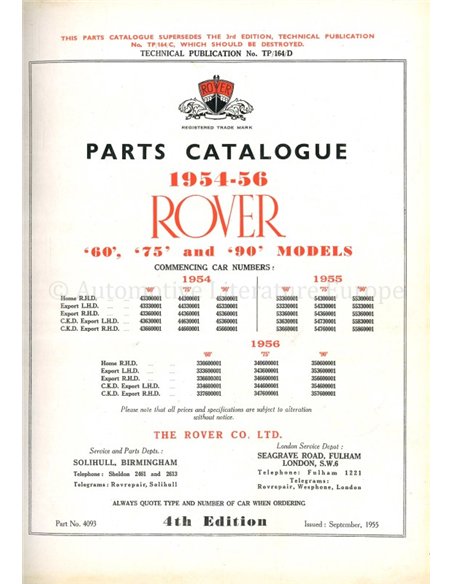 1954-1956 ROVER 60 | 75 | 90 ONDERDELEN CATALOGUS ENGELS