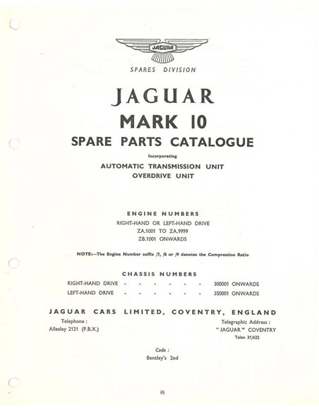 1963 JAGUAR MARK X ONDERDELEN CATALOGUS ENGELS