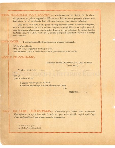 1924 CITROËN B10 SPARE PARTS BOOK FRENCH