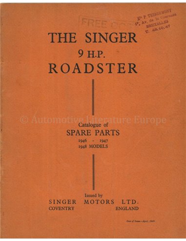 1946 - 1948 SINGER 9 H.P. ROADSTER ONDERDELENHANDBOEK 