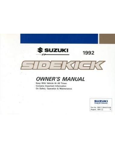 1992 SUZUKI SIDEKICK INSTRUCTIEBOEKJE ENGELS