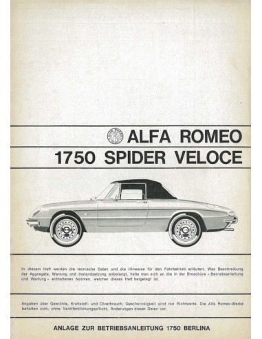 1968 ALFA ROMEO SPIDER 1750 VELOCE BIJLAGE INSTRUCTIEBOEKJE DUITS