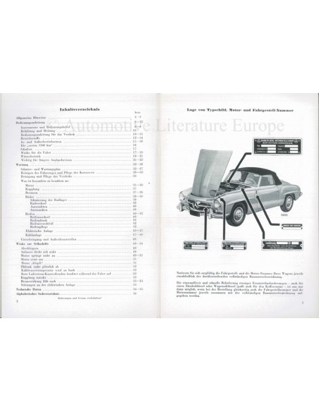 1959 MERCEDES BENZ 190 SL OWNER'S MANUAL GERMAN